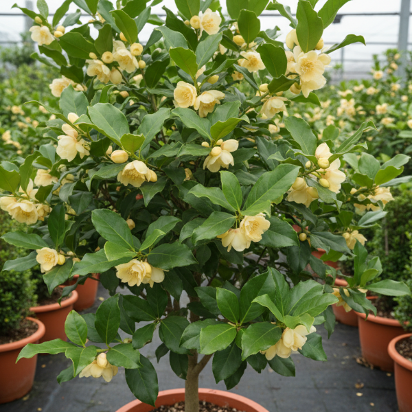 Evergreen Banana Shrub with glossy green leaves and fragrant creamy-yellow flowers edged in purple