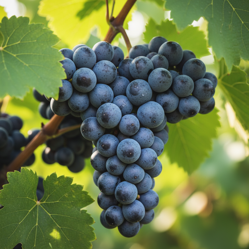 Concord grape vine producing clusters of dark blue-purple seeded grapes