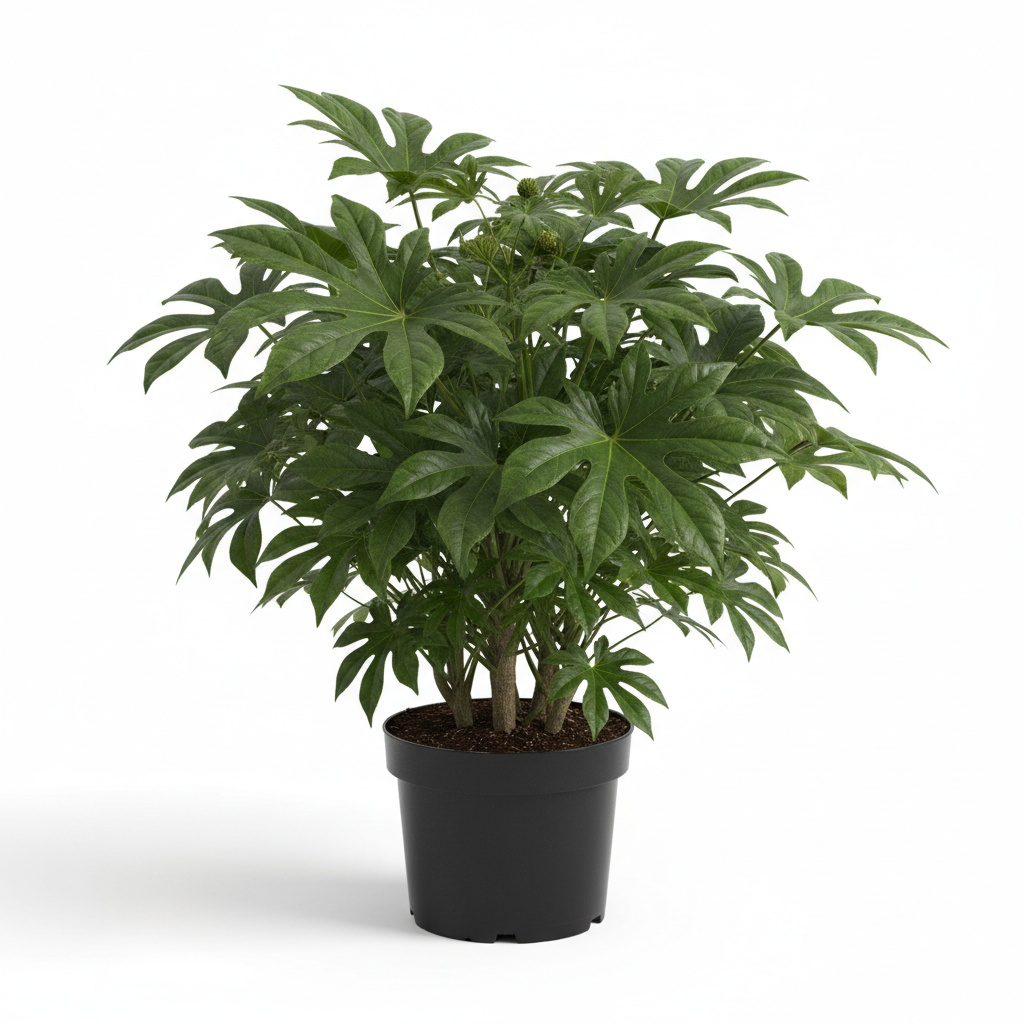 Fatsia japonica with large glossy green leaves growing in a shaded North Florida landscape