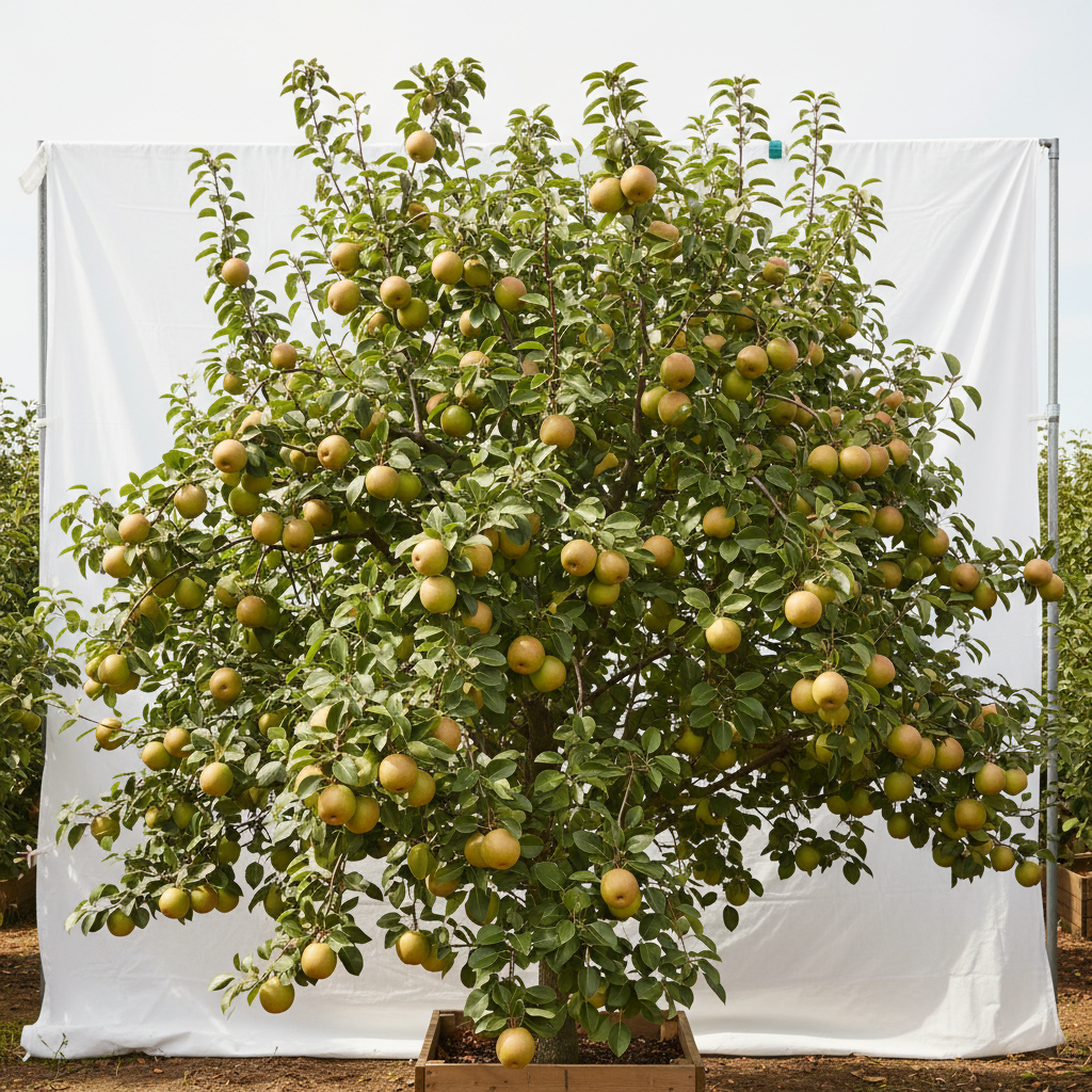 Hosui Asian Pear Tree with round golden-brown fruit at Advanced Nursery Growers in DeFuniak Springs, Florida