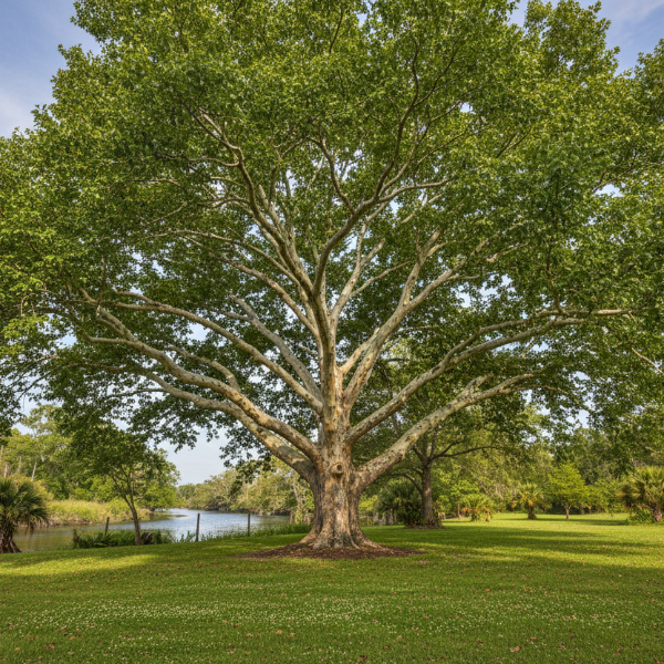 Native American Sycamore tree with large green leaves and peeling white bark for sale at Advanced Nursery Growers in DeFuniak Springs, Florida