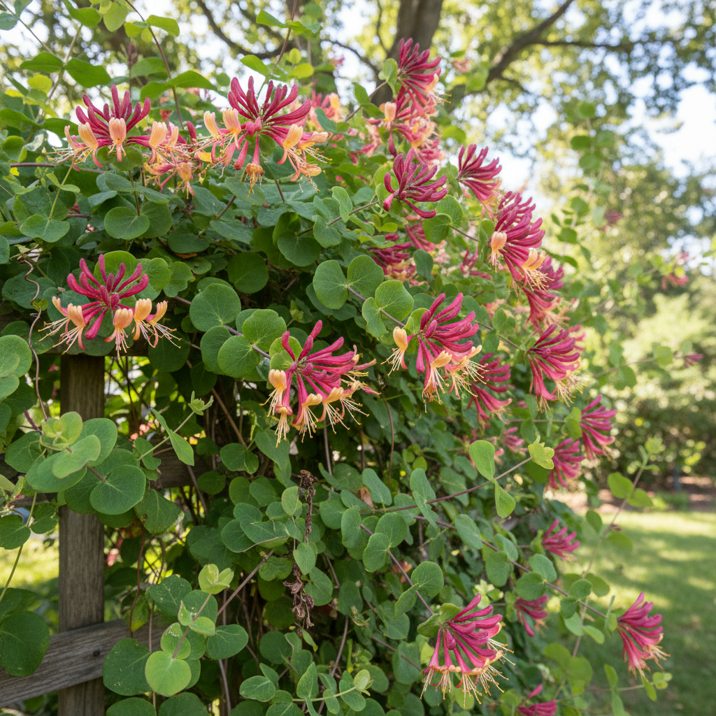 Red Honeysuckle vine with clusters of rosy-red tubular flowers opening to creamy-yellow centers