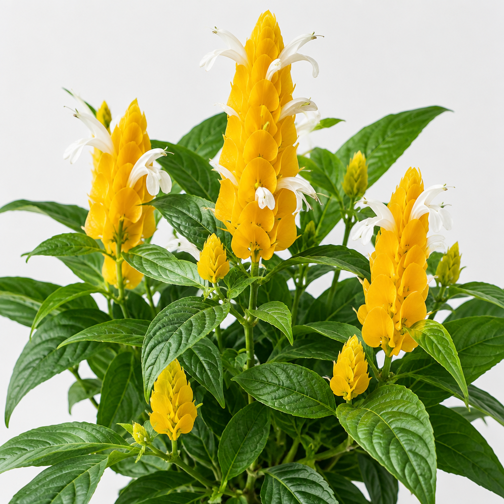 Yellow Shrimp Plant with upright golden-yellow flower bracts and green tropical foliage