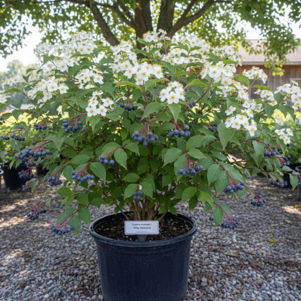 Silky Dogwood shrub with creamy-white flower clusters and blue wildlife berries for sale at Advanced Nursery Growers in DeFuniak Springs, Florida