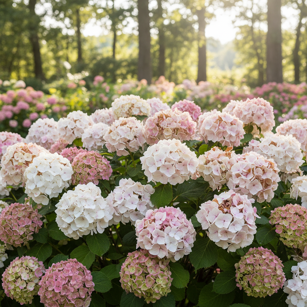 Compact Sweet Starlight panicle hydrangea covered with white flowers aging to antique pink