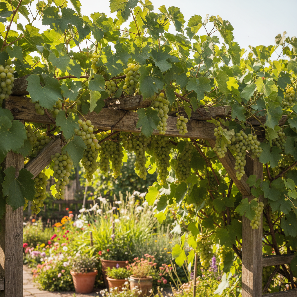 Thompson Seedless grape vine with clusters of green seedless grapes