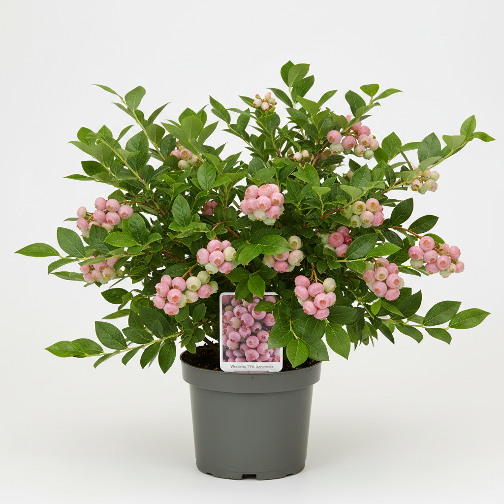 Pink Lemonade blueberry plant with ripe pink blueberries for sale in North Florida