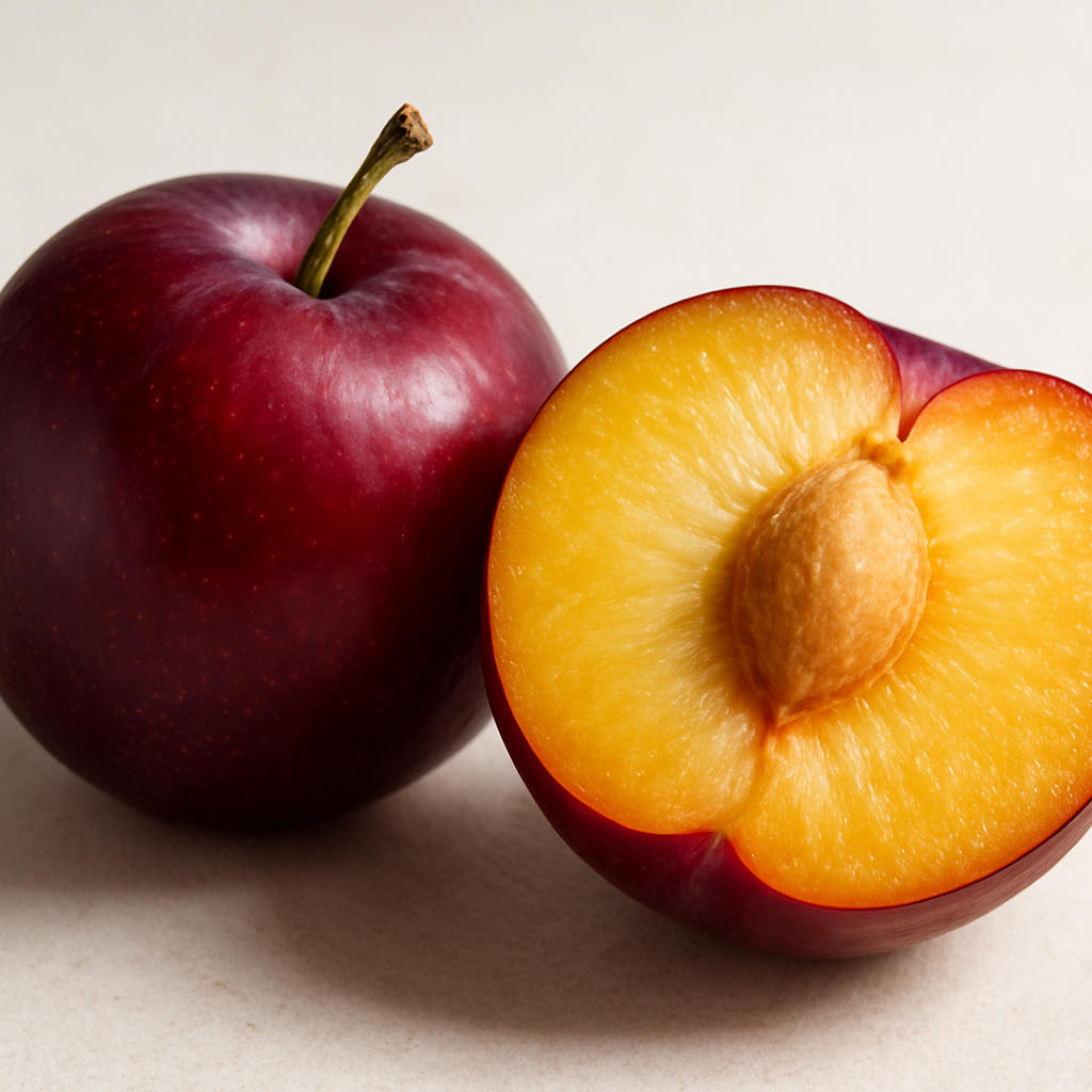 Bruce plum is wine-red with sweet, semi-acidic yellow flesh