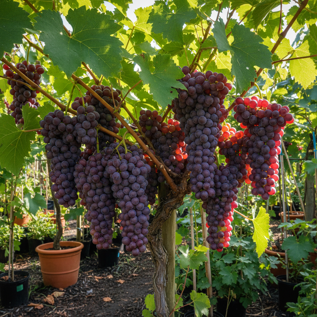 Catawba grape vine producing clusters of copper-red to purplish-red seeded grapes