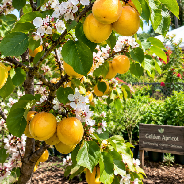 Golden-orange Early Golden apricots growing among green leaves on an apricot tree.