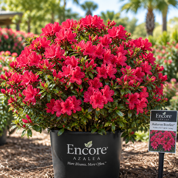 Encore Autumn Bonfire Azalea with red flowers and green foliage at Advanced Nursery Growers in DeFuniak Springs Florida