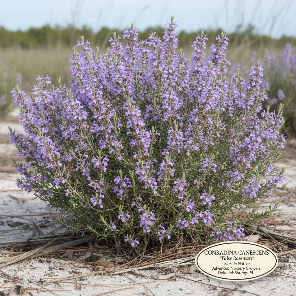 False Rosemary Conradina canescens Florida native shrub with gray-green foliage and lavender flowers for sale at Advanced Nursery Growers in DeFuniak Springs Florida