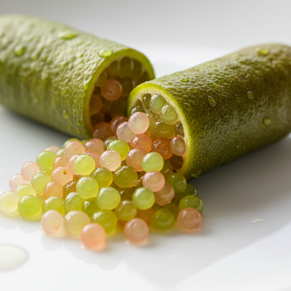 Finger Lime fruit cut open to show the juice-filled citrus pearls