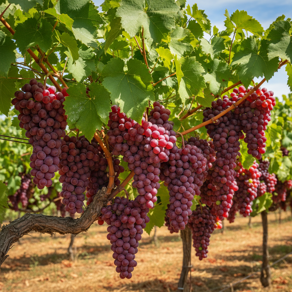 Flame Seedless grape vine producing clusters of sweet red seedless table grapes