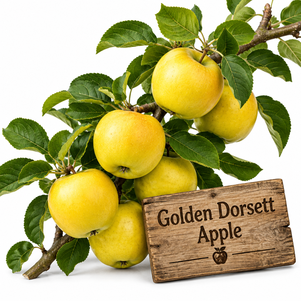 Golden Dorsett apple tree with yellow apples growing among green leaves.