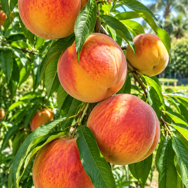 Gulf King peaches with red and yellow skin growing on a tree