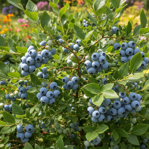 Gupton Southern Highbush blueberry plant with ripe light-blue berries for sale in North 