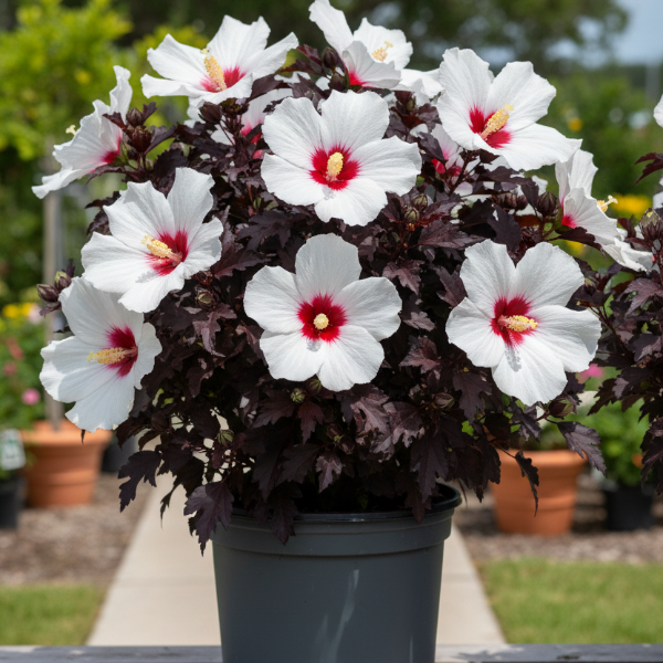 Head Over Heels Dream Hibiscus white hardy dinner plate hibiscus with red center and burgundy foliage for sale in North Florida at Advanced Nursery Growers.