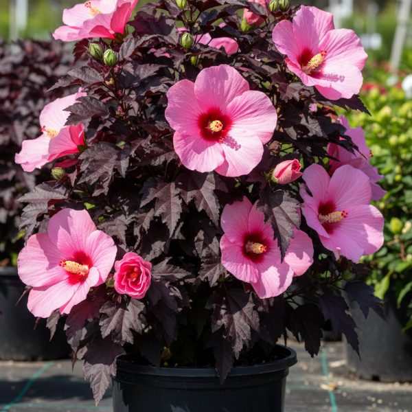 Head Over Heels Passion Hibiscus bright pink hardy dinner plate hibiscus with burgundy foliage for sale in North Florida at Advanced Nursery Growers.
