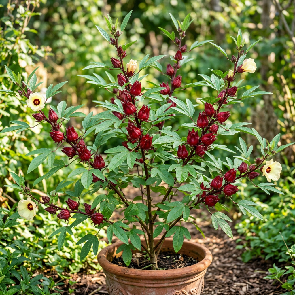 Roselle Hibiscus plant with yellow flowers and red edible calyces