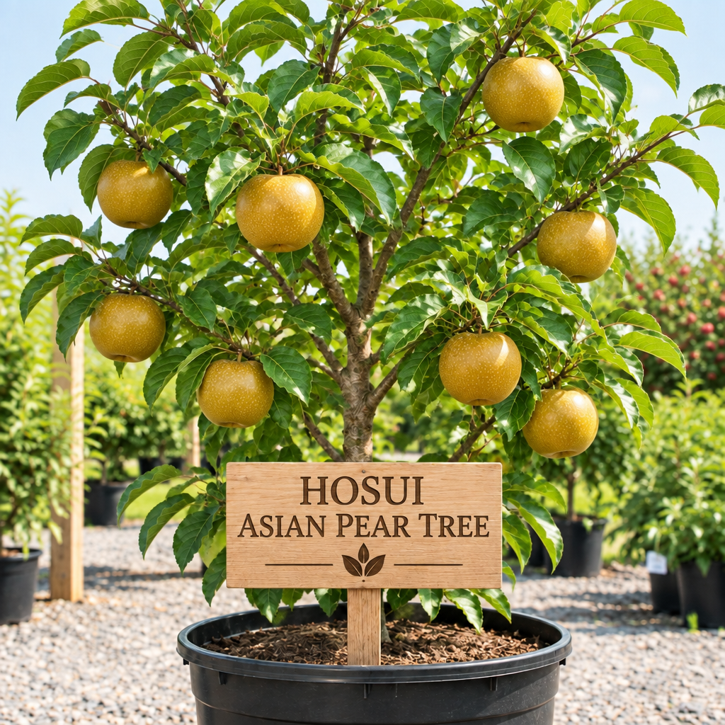 Hosui Asian Pear Tree with wooden sign