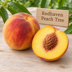 Illustration of a whole and cut Redhaven peach showing yellow flesh and red-blushed skin