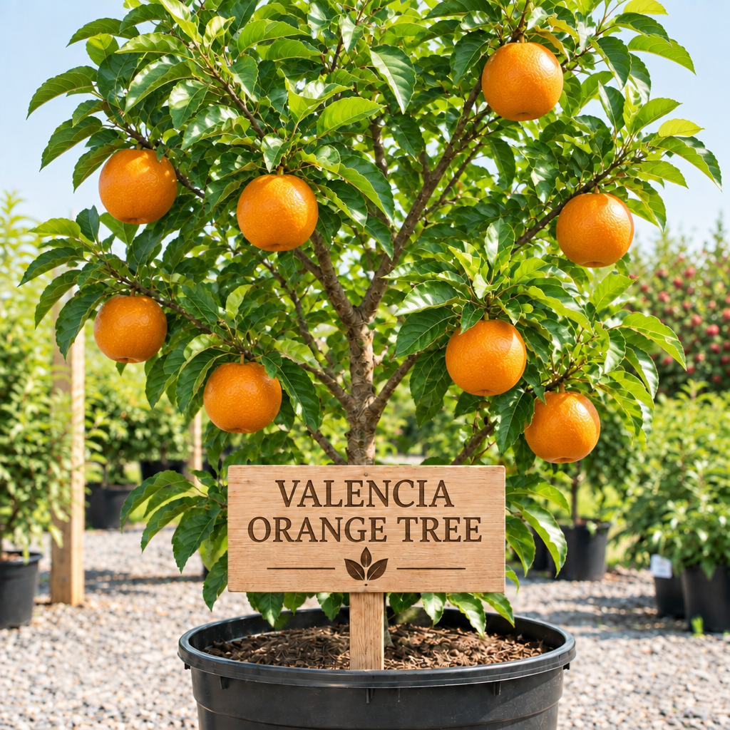 Valencia Orange Tree in a nursery pot with a wooden Valencia Orange Tree sign