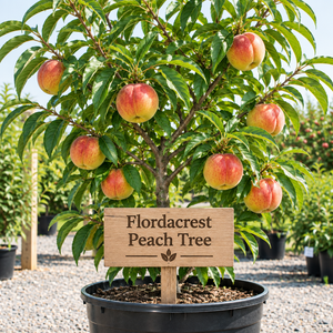 Illustration of Flordacrest peach tree with red-blushed yellow peaches, nursery pot and wooden variety sign