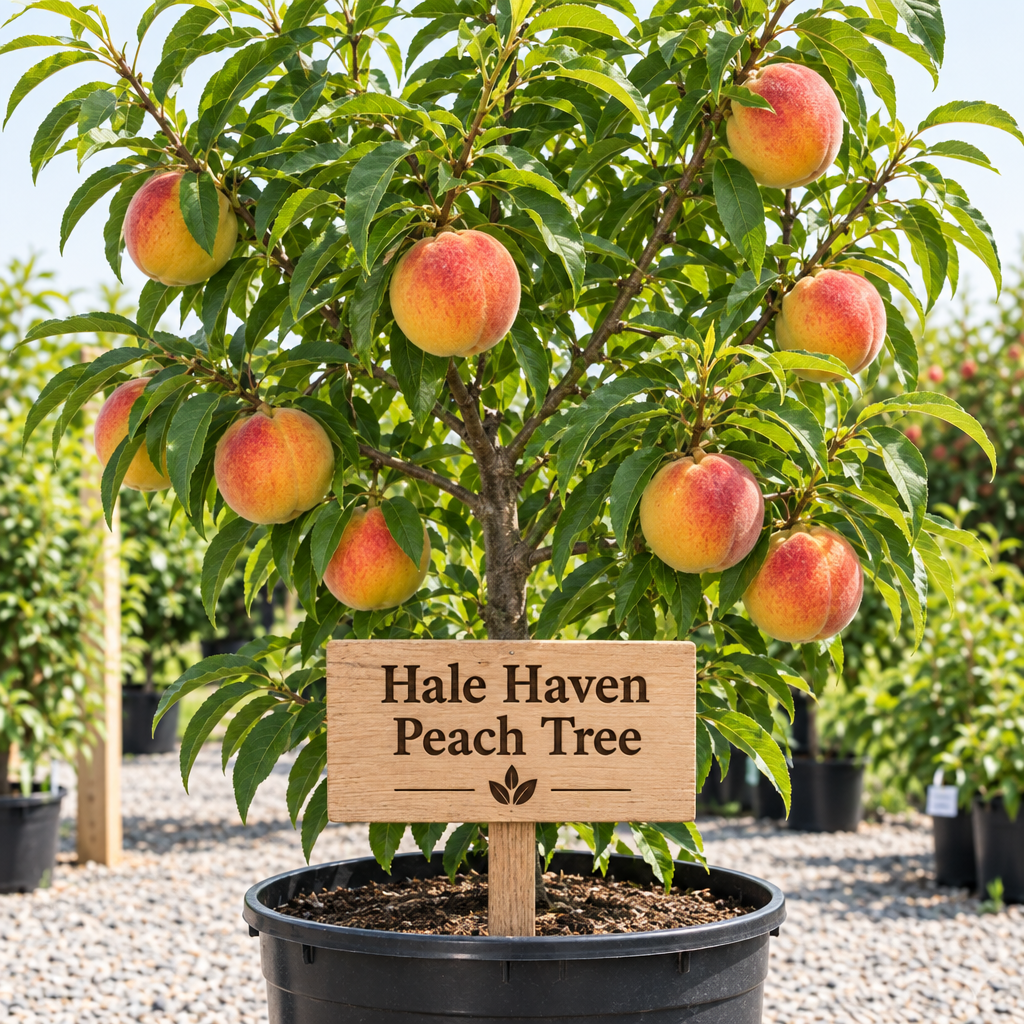 Illustration of Hale Haven peach tree with red-blushed yellow-orange peaches, nursery pot and wooden variety sign