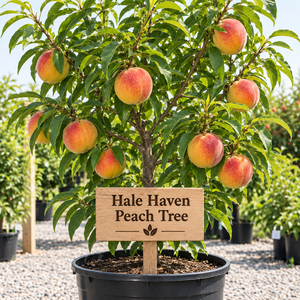 Illustration of Hale Haven peach tree with red-blushed yellow-orange peaches, nursery pot and wooden variety sign