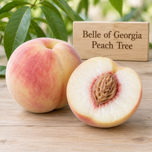 Illustration of whole and cut Belle of Georgia peach showing white flesh and red-blushed skin