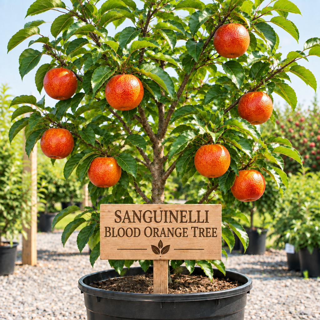 Sanguinelli Blood Orange Tree in a nursery pot with a wooden Sanguinelli Blood Orange Tree sign