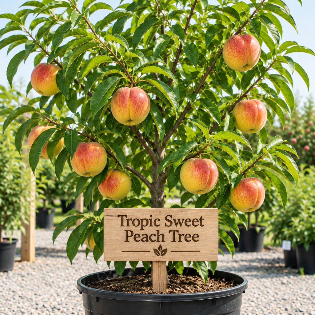 Illustration of Tropic Sweet peach tree with yellow peaches and red blush in a nursery pot with wooden variety sign