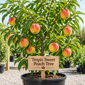 Illustration of Tropic Sweet peach tree with yellow peaches and red blush in a nursery pot with wooden variety sign