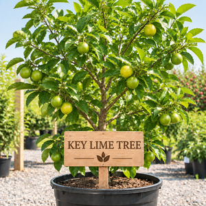 Key Lime Tree in a nursery pot with a wooden Key Lime Tree sign