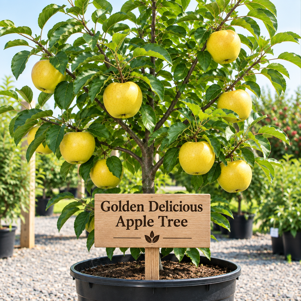 Illustration of golden-yellow apples on a potted Golden Delicious tree with a wooden Golden Delicious Apple Tree sign