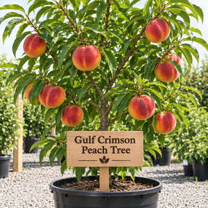 Illustration of Gulf Crimson peach tree with deep red-blushed yellow peaches, nursery pot and wooden variety sign
