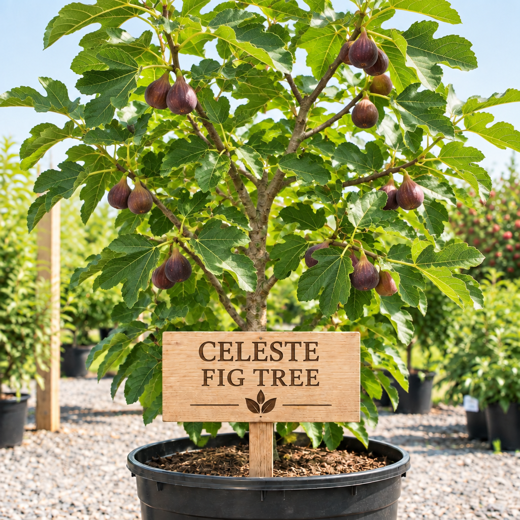 Celeste Fig Tree in a nursery pot with a wooden Celeste Fig Tree sign