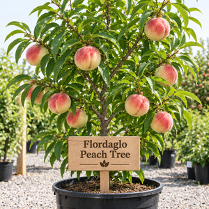 Illustration of Flordaglo peach tree with red-blushed pale peaches, nursery pot and wooden variety sign