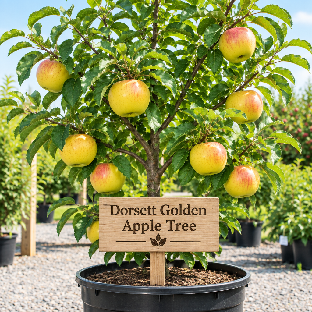 Illustration of golden yellow Dorsett Golden apples on a potted tree with a wooden Dorsett Golden Apple Tree sign