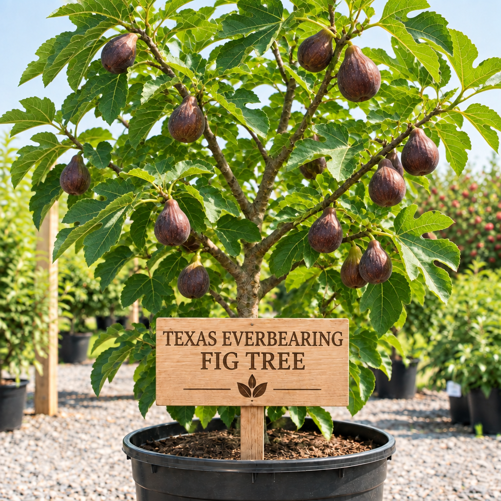 Texas Everbearing Fig Tree in a nursery pot with a wooden Texas Everbearing Fig Tree sign