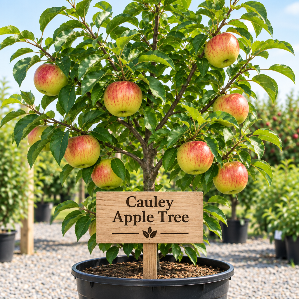 Illustration of greenish-yellow Cauley apples with red blush and stripes on a potted tree with a wooden Cauley Apple Tree sign