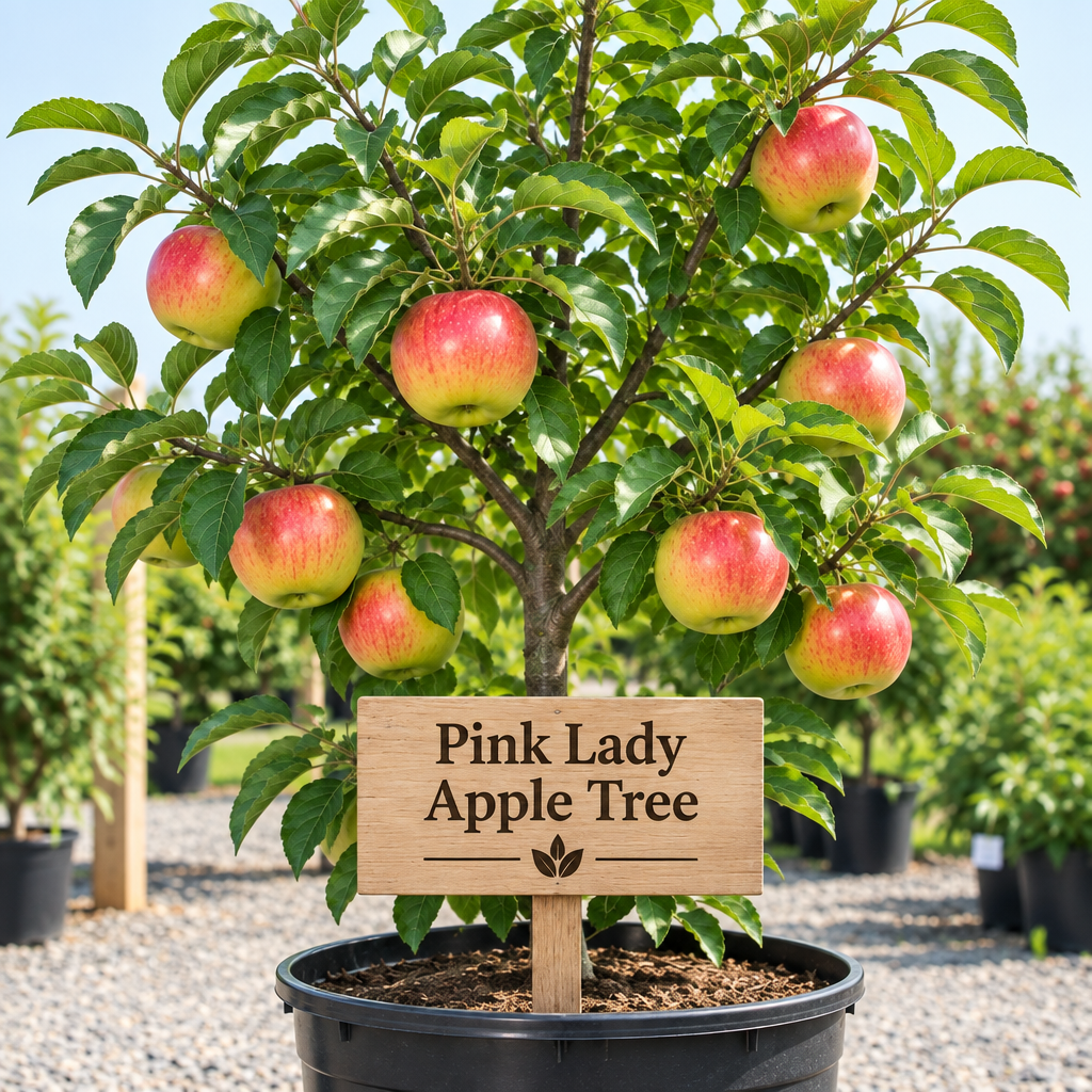 Illustration of pink-red Pink Lady apples on a potted tree with a wooden Pink Lady Apple Tree sign