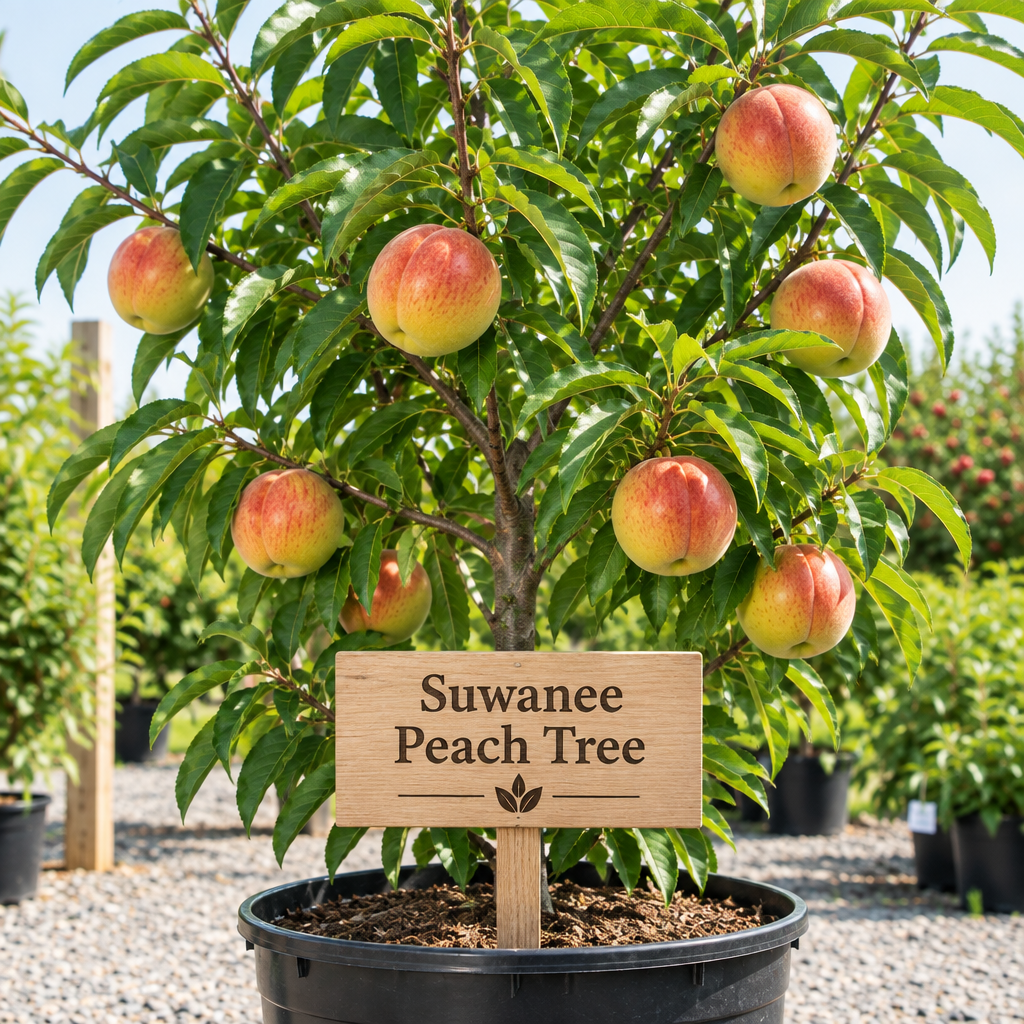 Illustration of Suwanee peach tree with yellow red-blushed peaches, nursery pot and wooden variety sign