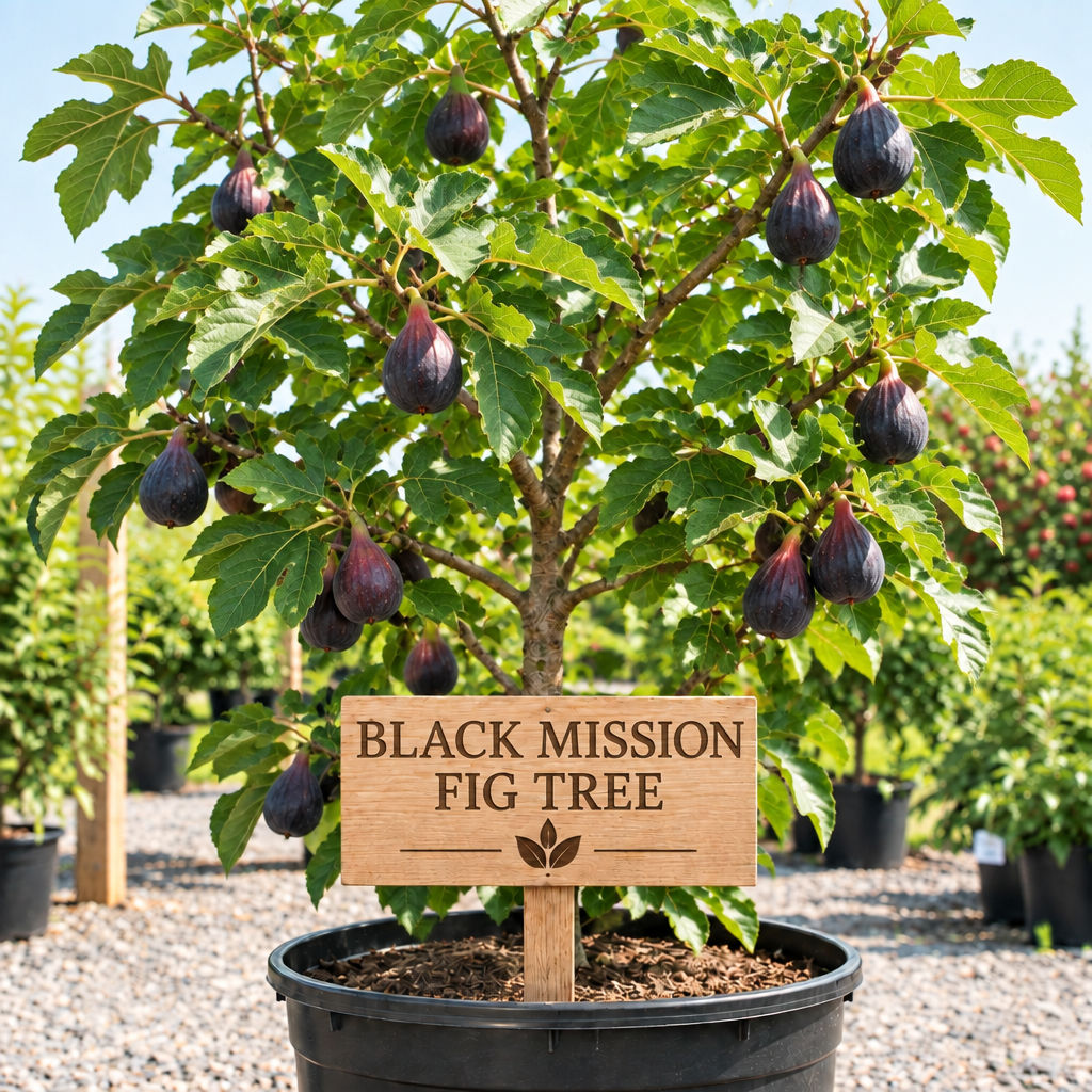 Black Mission Fig Tree in a nursery pot with a wooden Black Mission Fig Tree sign