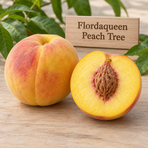Illustration of whole and cut Flordaqueen peach showing yellow flesh and golden skin with light red blush