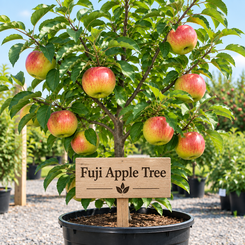 Illustration of red-pink Fuji apples over yellow-green on a potted tree with a wooden Fuji Apple Tree sign