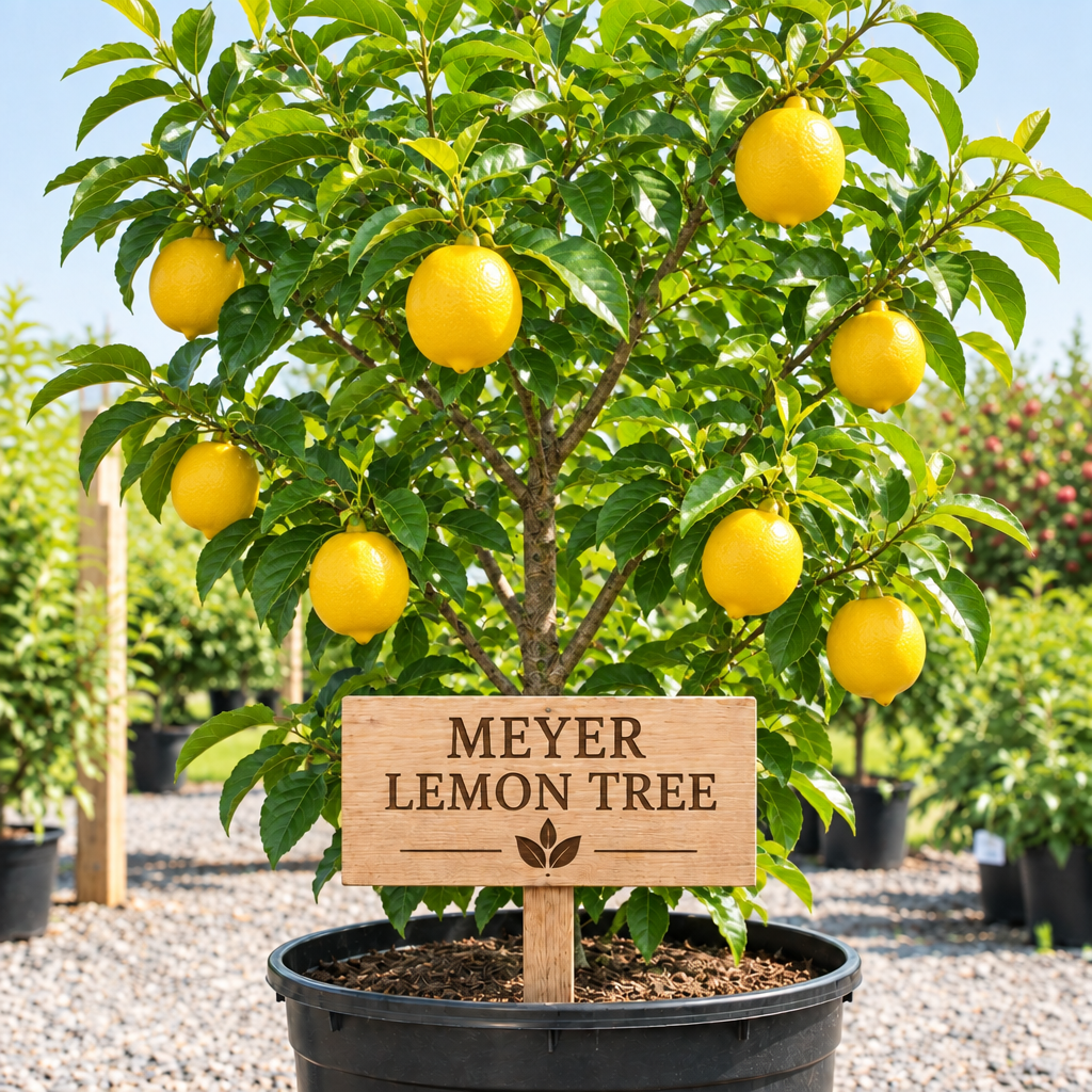 Meyer Lemon Tree in a nursery pot with a wooden Meyer Lemon Tree sign