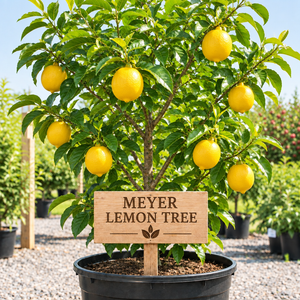 Meyer Lemon Tree in a nursery pot with a wooden Meyer Lemon Tree sign