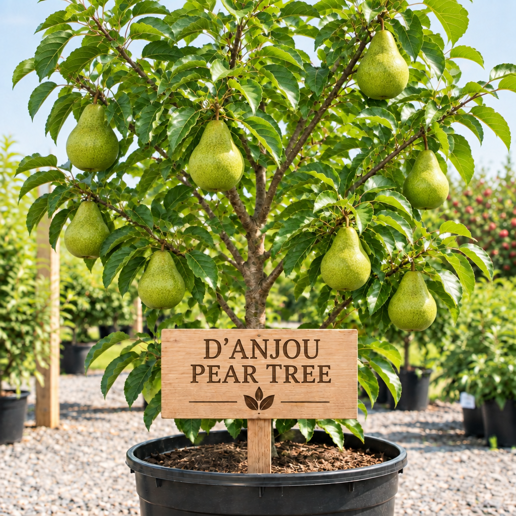 D'Anjou Pear Tree in a nursery pot with a wooden D'Anjou Pear Tree sign